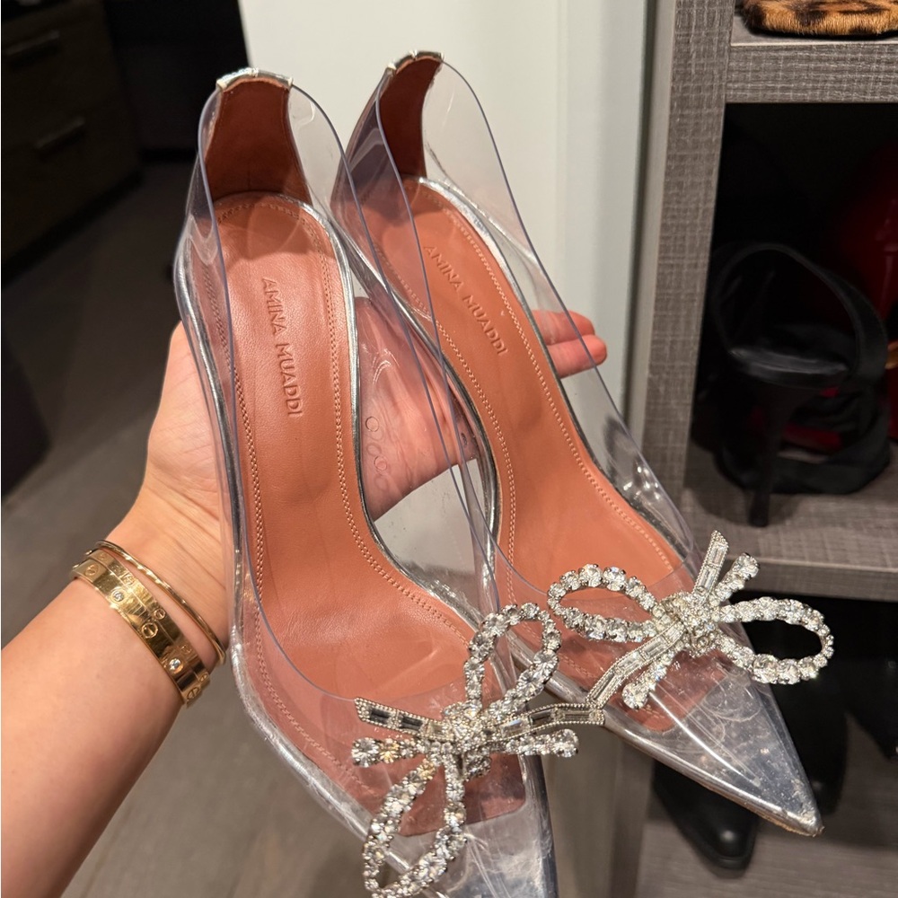Amina Muaddi Transparent Heels with Crystal Bows